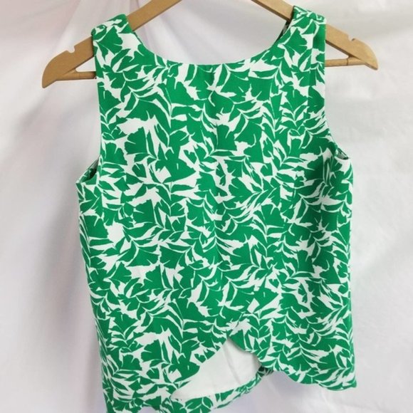 J. Crew Green  White Leaf Pattern Scallop Hem   Lined Drape Split Back Top XXS - Picture 2 of 9
